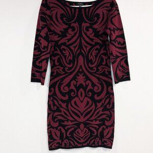 Le Chateau 3/4 Sleeve Patterned Sweater Dress Burgundy Black Size Medium